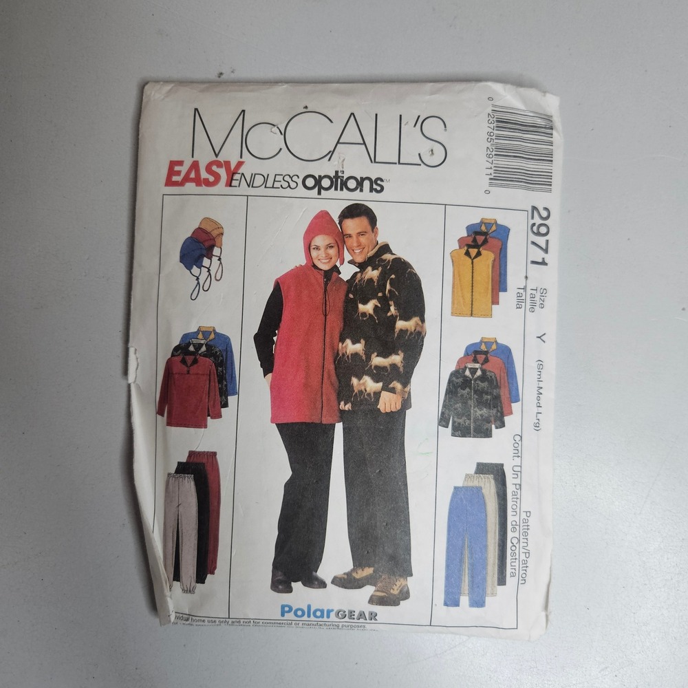 McCall's 2971 Sewing Pattern Unisex Fleece Jacket Vest Pants Hat Size S-M-L